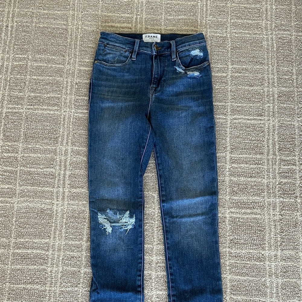 Frame Denim Dark Blue Distressed Skinny Jeans